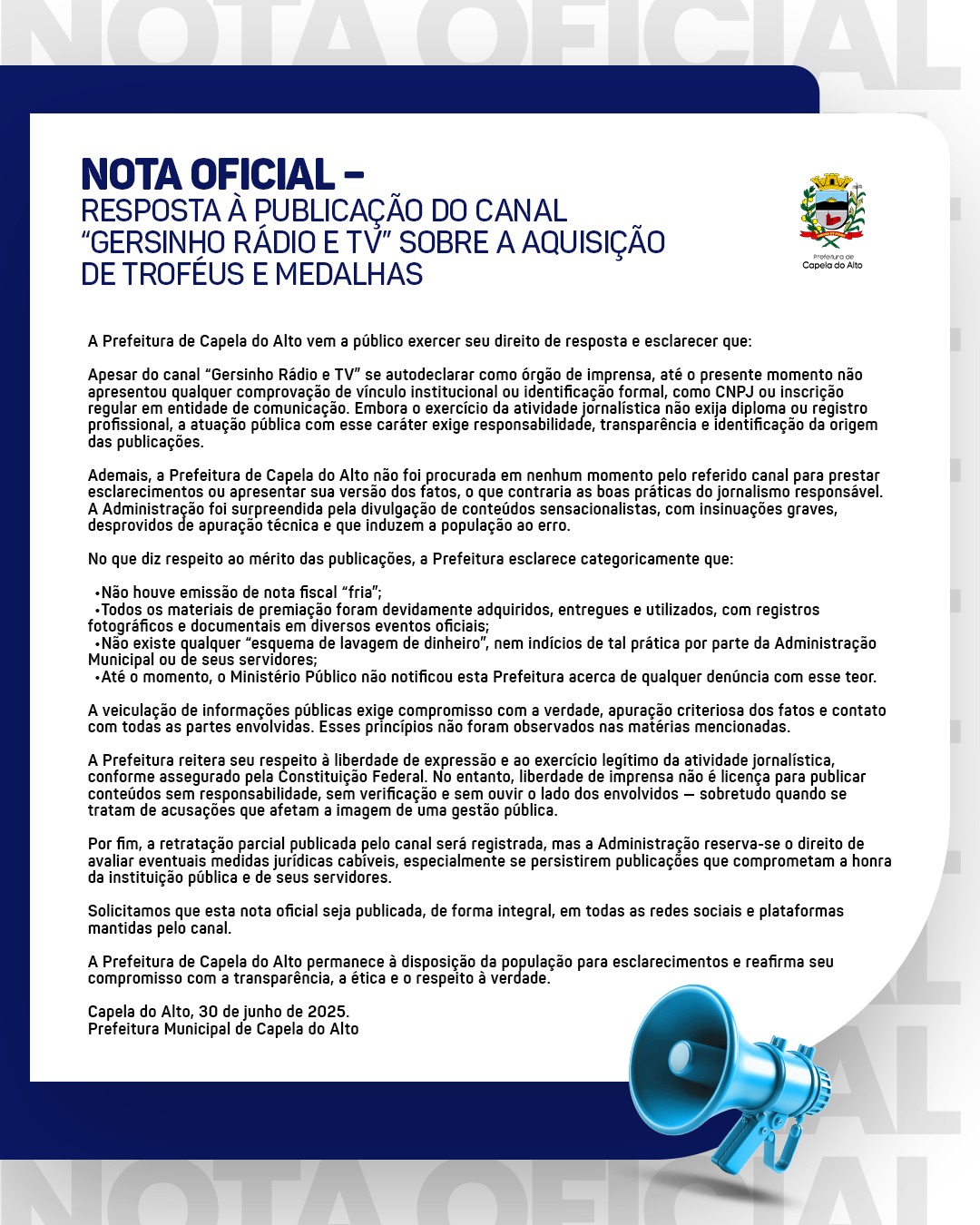NOTA OFICIAL – RESPOSTA À PUBLICAÇÃO DO CANAL “GERSINHO RÁDIO E TV” SOBRE A AQUISIÇÃO DE TROFÉUS E MEDALHAS