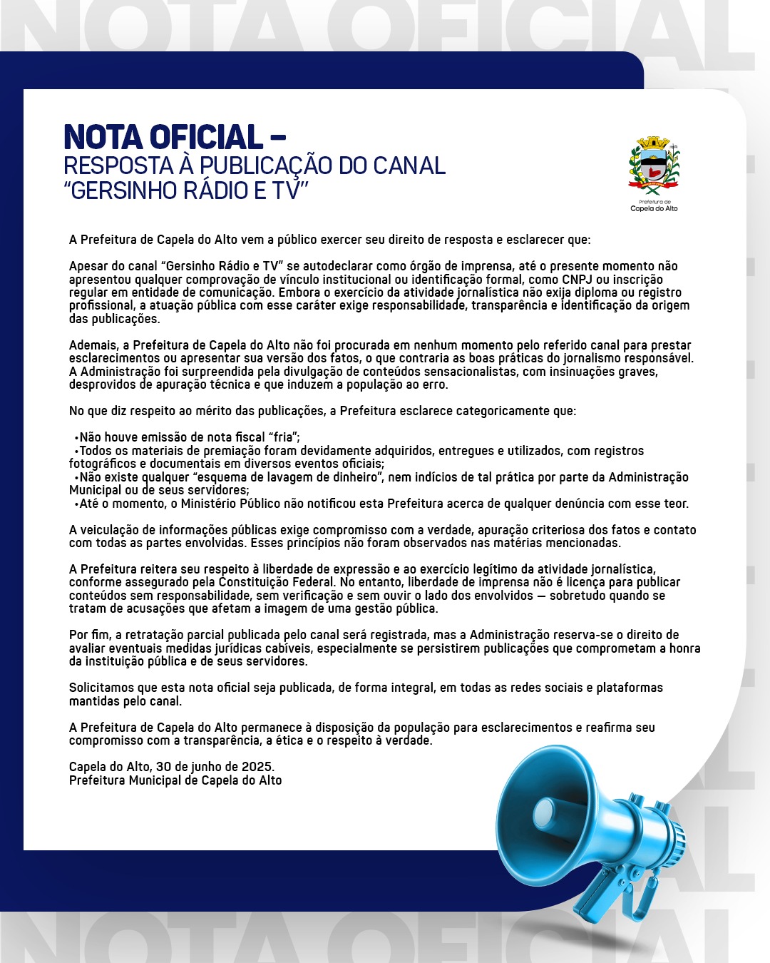 NOTA OFICIAL – RESPOSTA À PUBLICAÇÃO DO CANAL “GERSINHO RÁDIO E TV” SOBRE A AQUISIÇÃO DE TROFÉUS E MEDALHAS