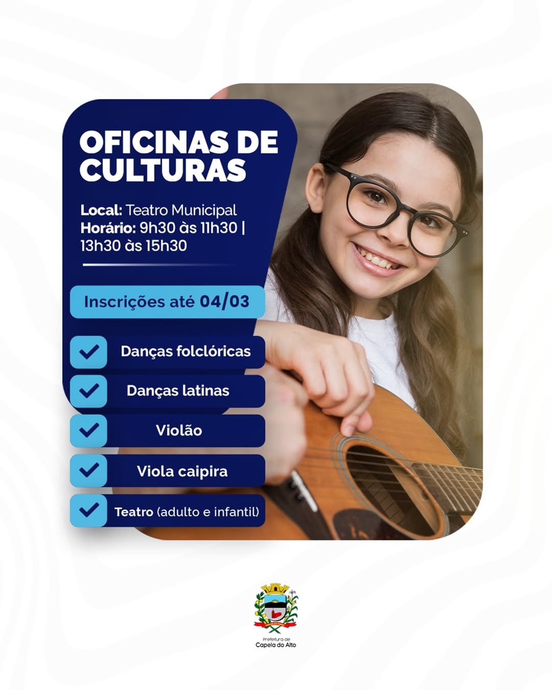 🎭🎶 Inscrições abertas para as Oficinas de Cultura